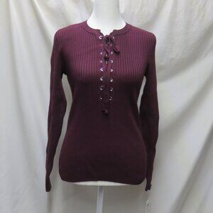 INC. Long Sleeve Lace Up Front Ribbed Wine Sweater
